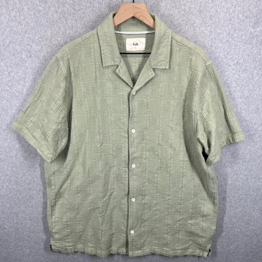 Folk Short Sleeve Button Up Mens XL Green Waffle Textured Cotton Camp Collar EUC